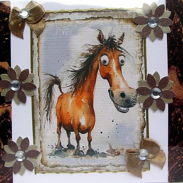 Smiling Pony - Hand Crafted Decoupage Greeting Card - Blank - 2901