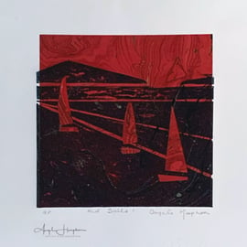 Striking Red Sails Lino Print with Marbled Paper Chine Colle 