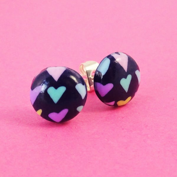 Cute navy stud earrings, Pastel hearts, Colourful studs