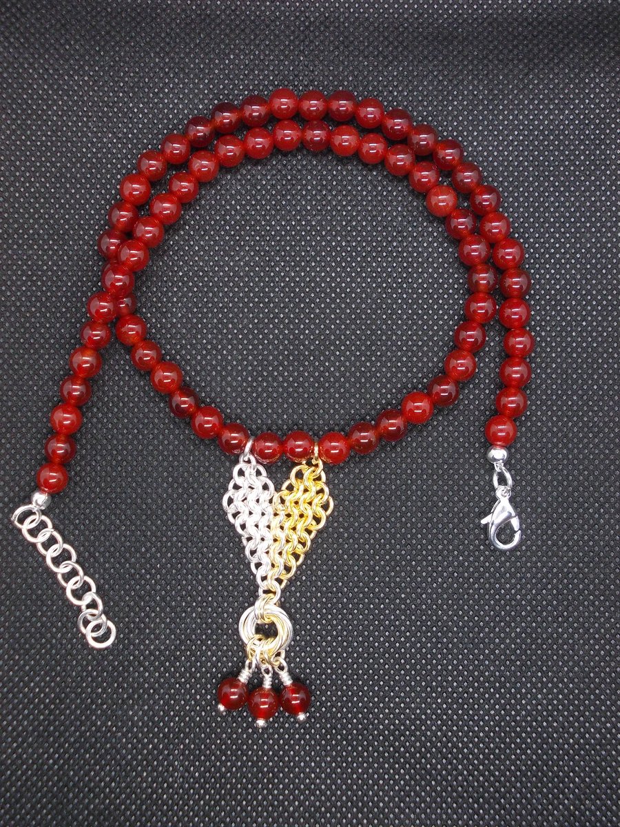 SALE - Red agate necklace with two tone chainmaille heart pendant