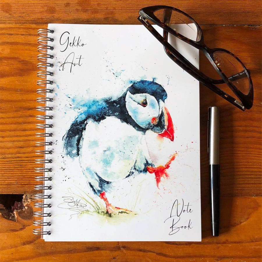Puffin Billy Notebook, Notepad, A5 Size, Spiral bound, Wildlife Art Notebook, Pa