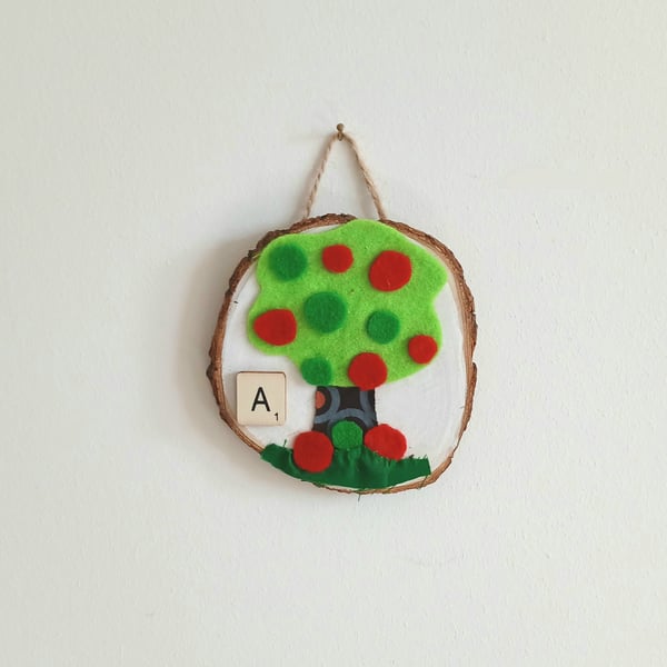 Wooden fun alphabet art with first letter scrabble tile - A Apple