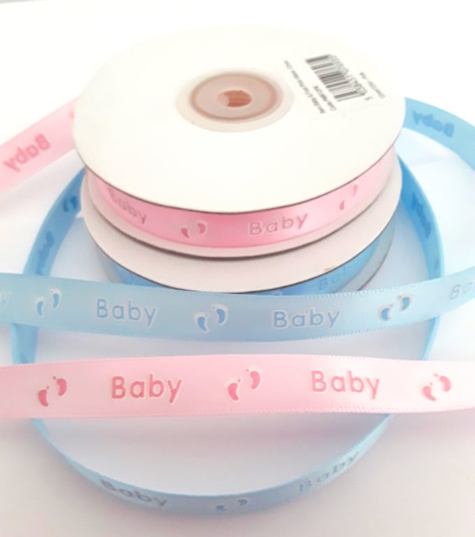 Blue satin baby feet ribbon 12mm x 3 metres