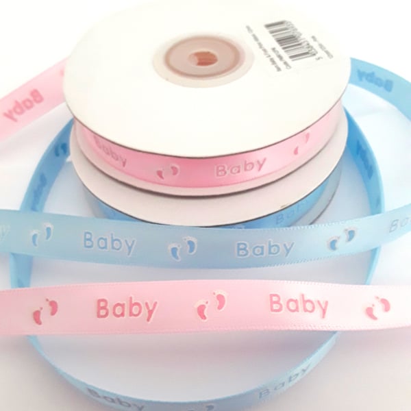 Blue satin baby feet ribbon 12mm x 3 metres