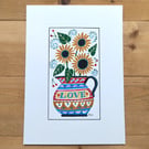 Sunflower folk art painting in love jug A5 original artwork floral decorative  