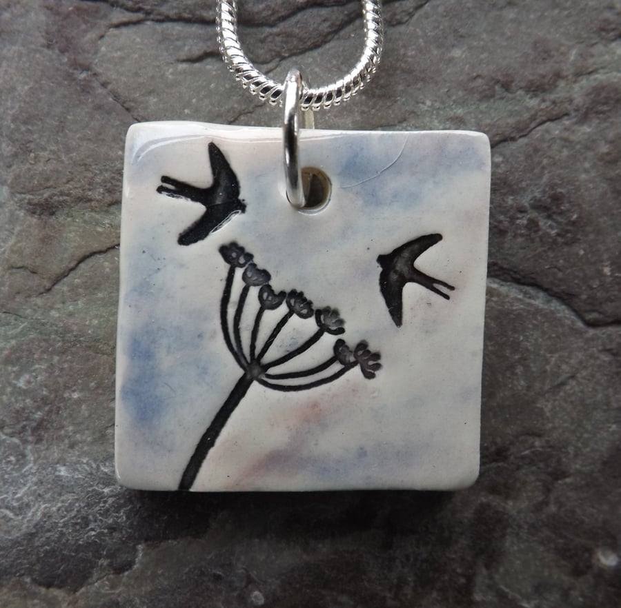 Handmade Ceramic Cow Parsley and swallows pendant