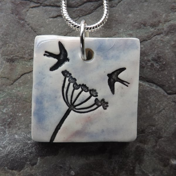 Handmade Ceramic Cow Parsley and swallows pendant