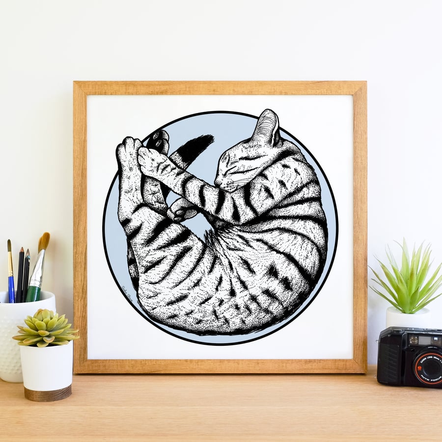 Cute Sleeping Tabby Cat Ink Illustration Giclee Art Print