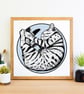 Cute Sleeping Tabby Cat Ink Illustration Giclee Art Print - Image 1