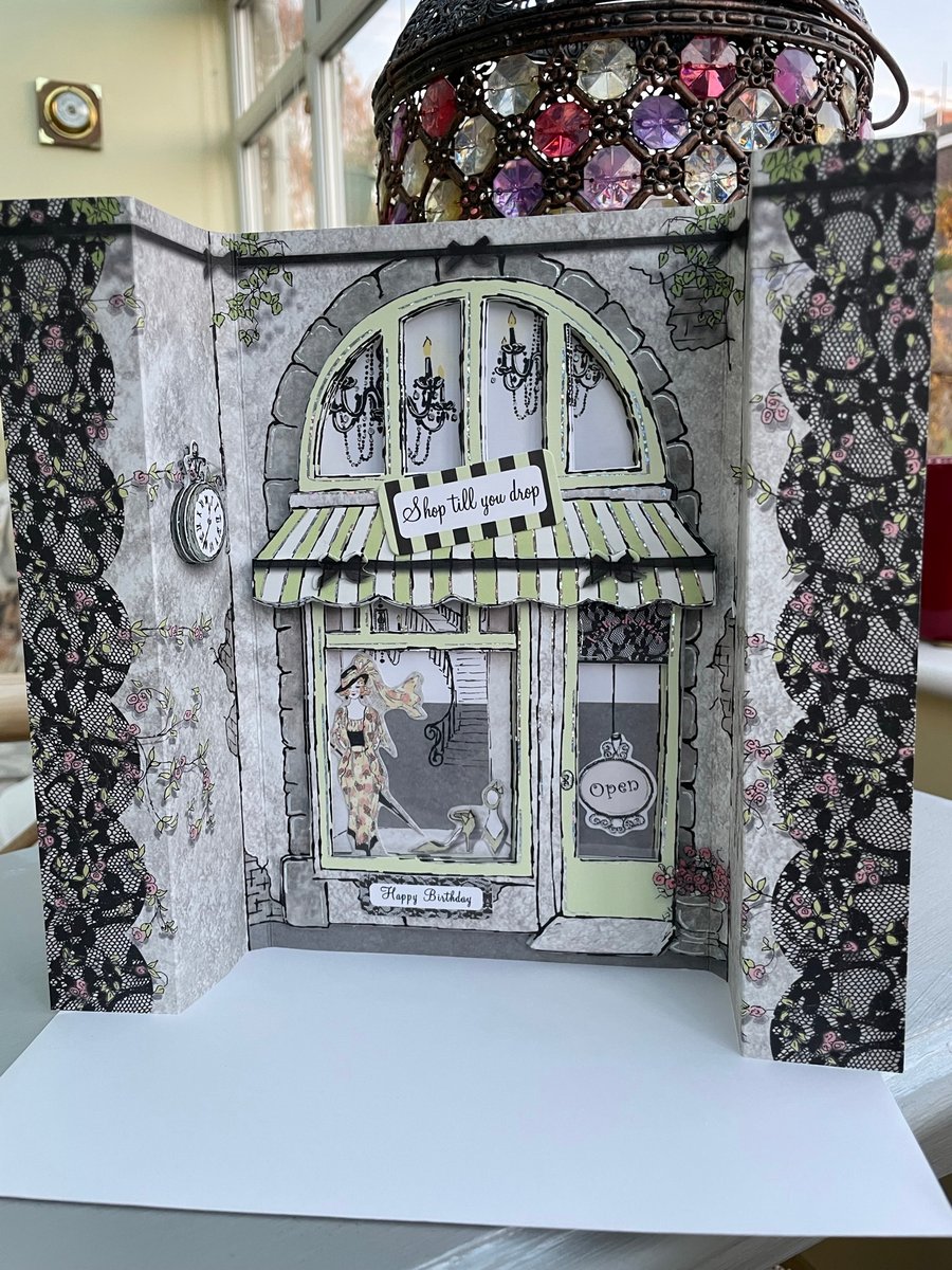 Frou frou cute and elegant Parisian shop front birthday card