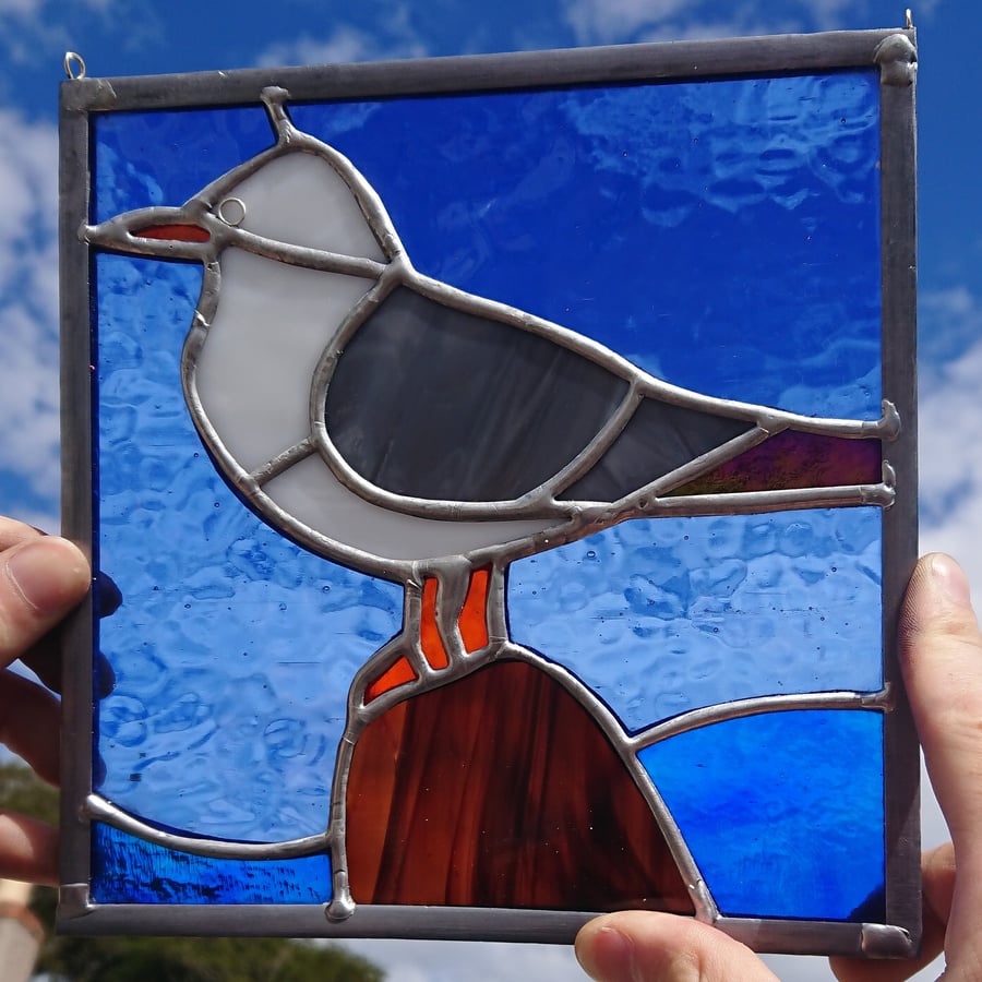 SOLD Stained glass gull, seagull on a rock panel. Copperfoil and lead. 