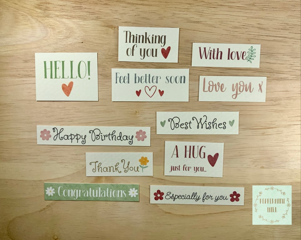 Card sentiments for handmade cards, hearts, flowers, pack of 11