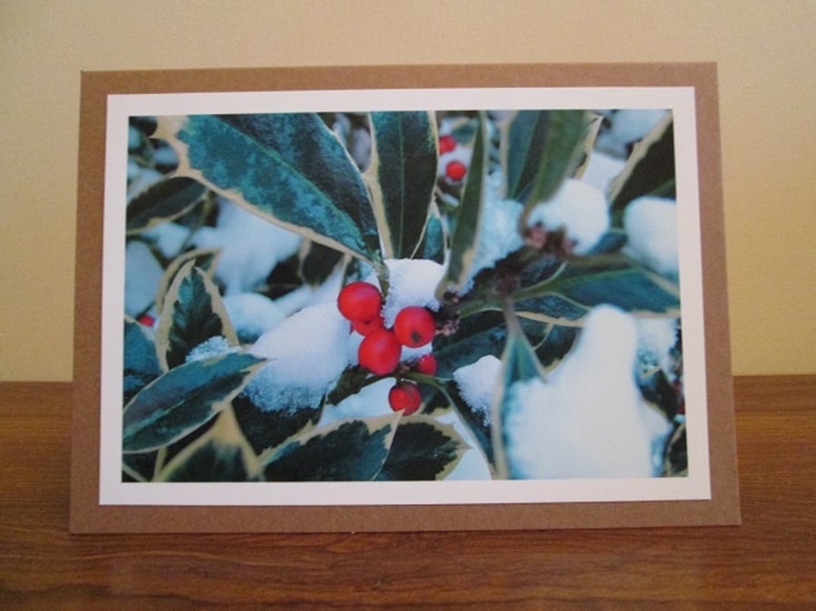 Snowy Holly Photo Greetings Card, Christmas Card, Yule Card