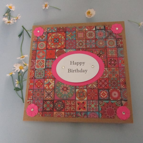 Happy Birthday Kraft Lined Card Mosaic Tile inspired Bright Pink & Red