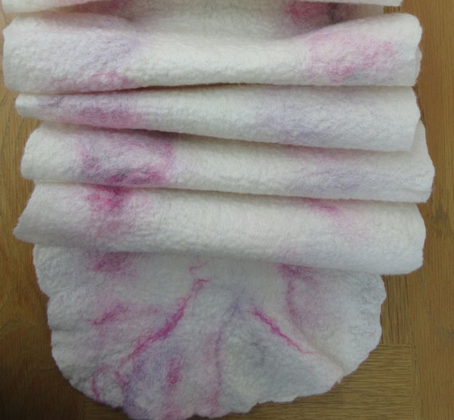 White and pink winter scarf. Hand felted Merino wool scarf with ruffled edge.