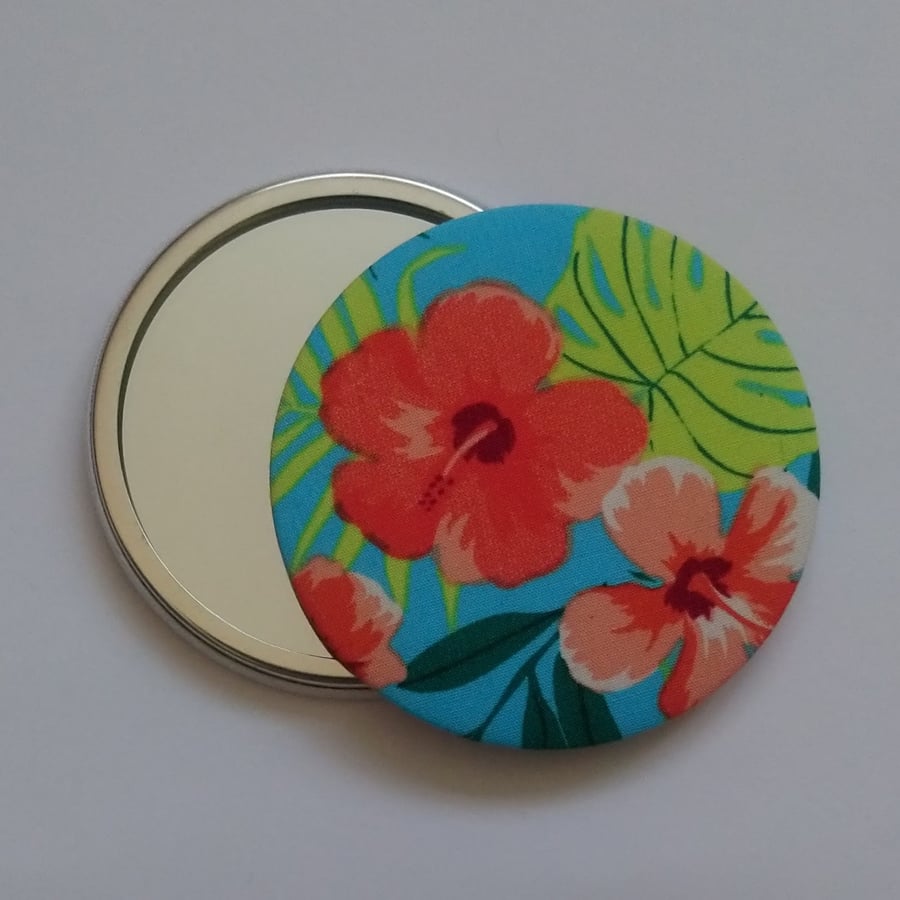 Tropical Flower Design Fabric Backed Pocket Mirror