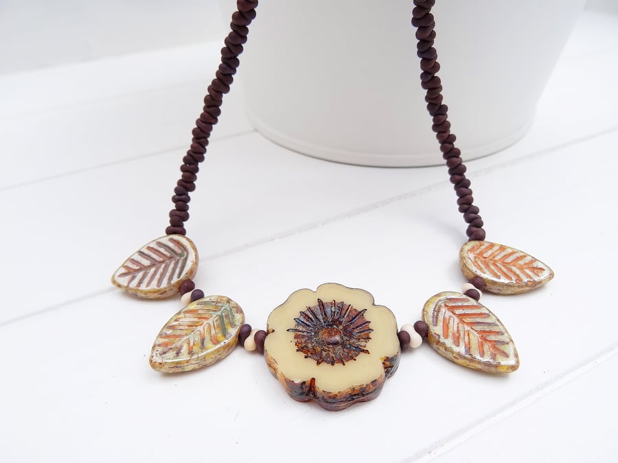 Flower and Leaf Necklace, Czech Glass Necklace, Brown and Cream Necklace,