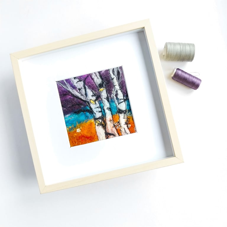  Original wool felt and stitch painting of Silver Birch trees at Twilight