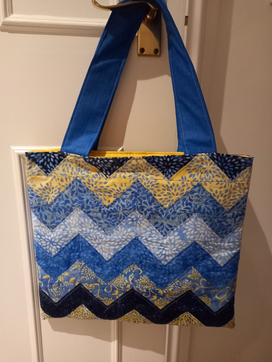 Blue and yellow quilted bag, quilted tote bag, patchwork shopping bag,
