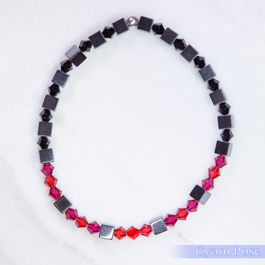 Swarovski and Hematite stretch beaded bracelet red pink black
