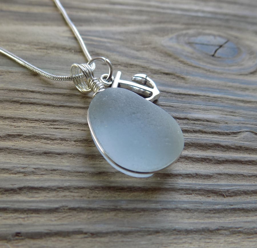 Natural sea glass bubble pendant with anchor charm