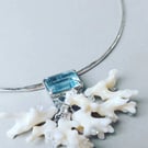 Hammered Sterling Silver Necklace: Coral & Aquamarine Beads