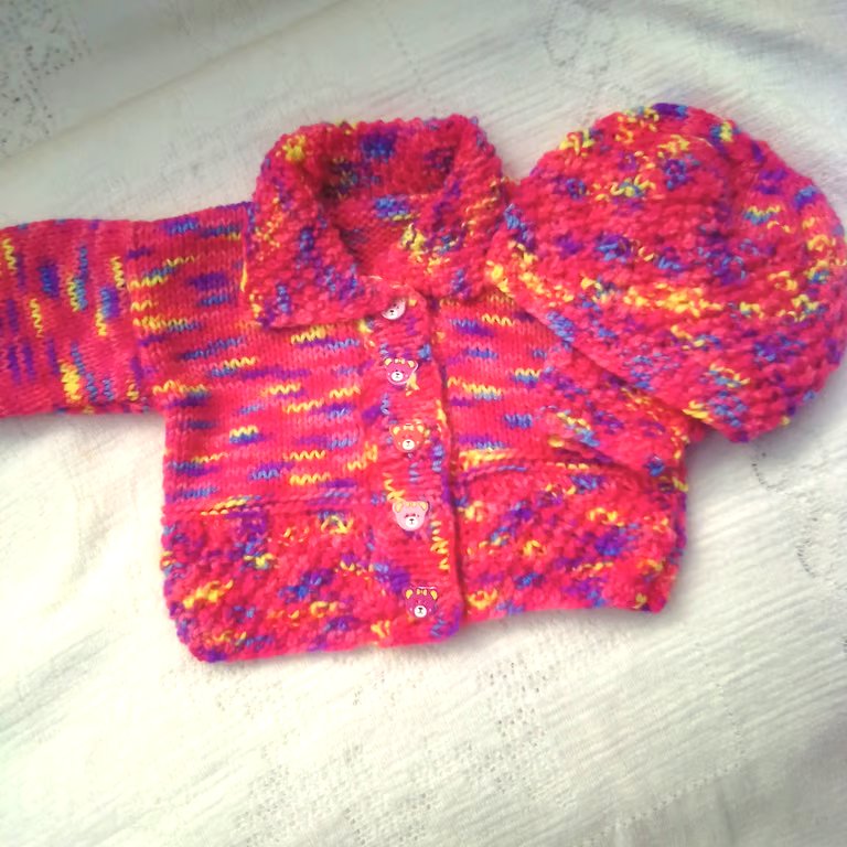 Colourful Cardigan and Hat Set for a Baby, Custom Make, Prem Sizes Available