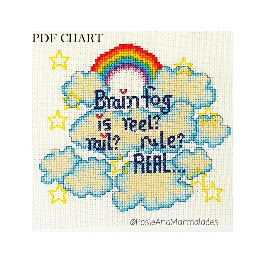 Brain Fog Clouds and Rainbow cross stitch PDFdownload Chart