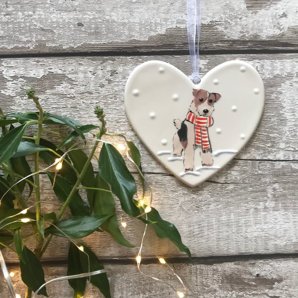 Fox Terrier or Airedale type dog with scarf Hand Painted Ceramic Heart