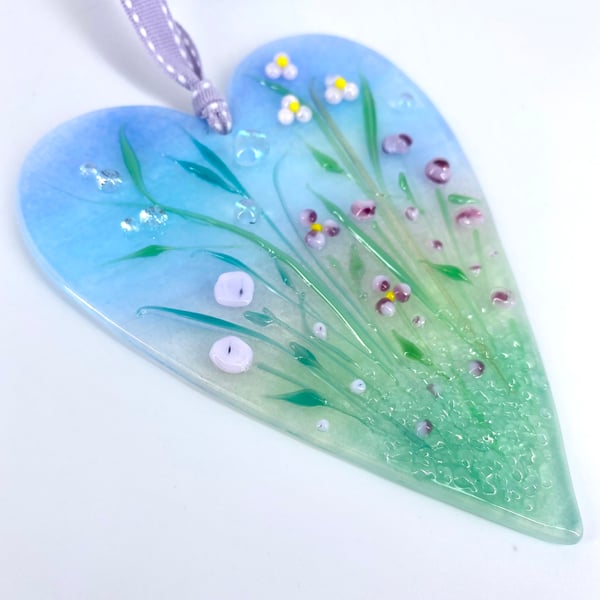 Glass Meadow Heart with Delicate Pink & Purple Flowers