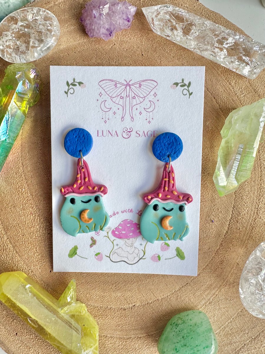 Handmade Frog Wizard Polymer Clay Earrings
