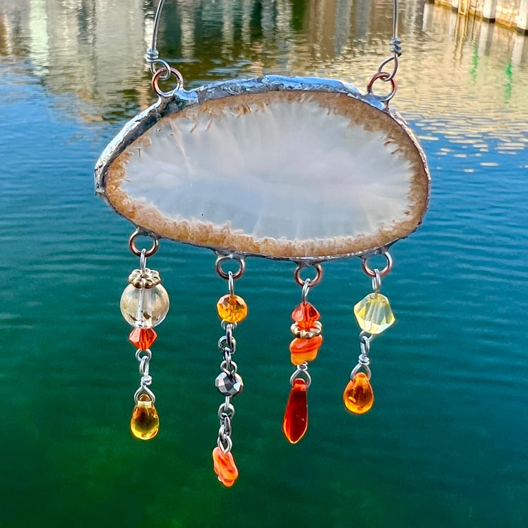 Agate Suncatcher Cloud with Vintage Glass Bead Droplets: Ice and Orange