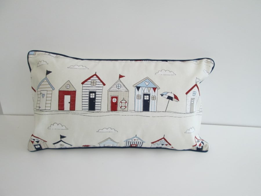 Beach Huts  Cushion Cover With Navy Piping