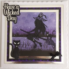 Pagan Halloween Card Have a Wicked Day Sexy Witch Cats 3D Luxury Purple 7