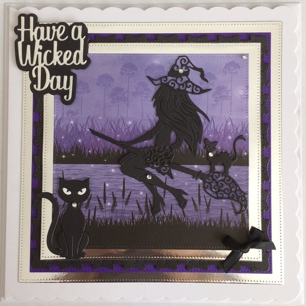 Pagan Halloween Card Have a Wicked Day Sexy Witch Cats 3D Luxury Purple 7