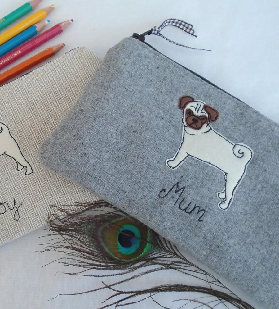 Pug Personalised Makeup Bag - Linen or Grey Cosmetic Pouch with Dog Applique