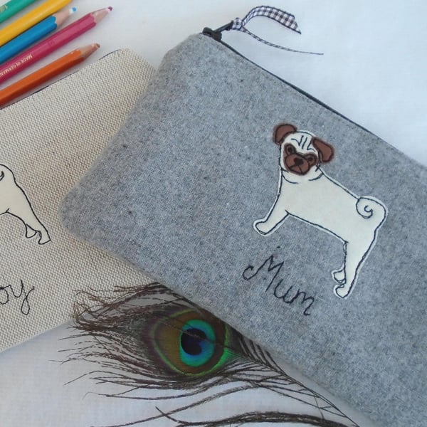 Pug Personalised Makeup Bag - Linen or Grey Cosmetic Pouch with Dog Applique
