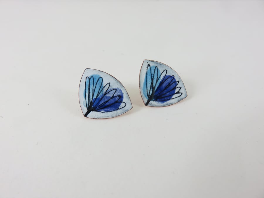 Triangle Stud Copper Earrings with Drawn Flower Detail and Colour Washes