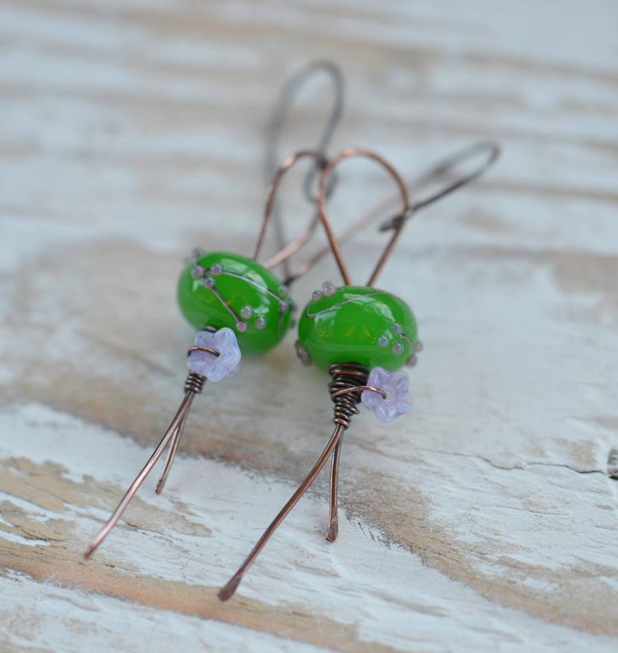 Handmade Copper Earrings with Green Lampwork Glass Beads