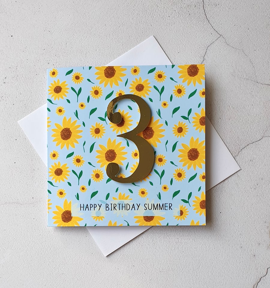 Sunflower 3rd Birthday, Personalised Age Card