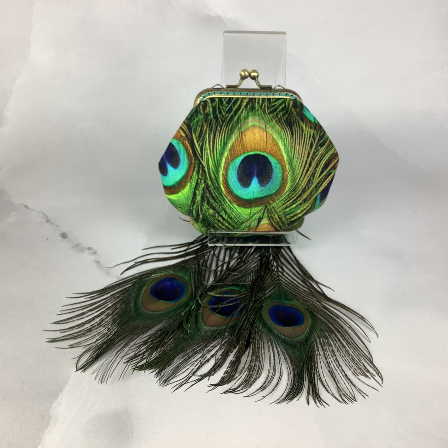 Peacock Feathers coin purse, frame purse, Optional chain, Handmade