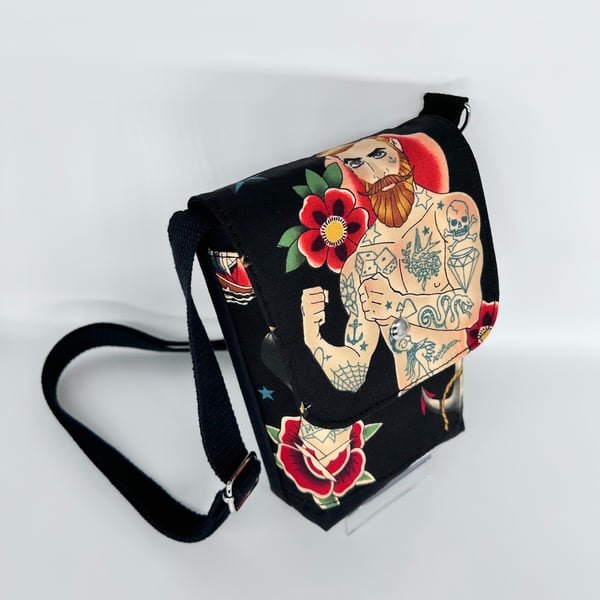 Small crossbody bag with a tattoo theme cotton fabric, with adjustable strap