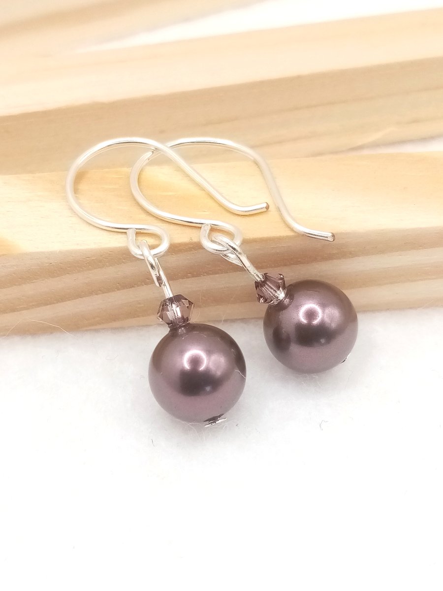 Burgundy Swarovski Pearl Drop Earrings - Dark Purple Dangle Earrings