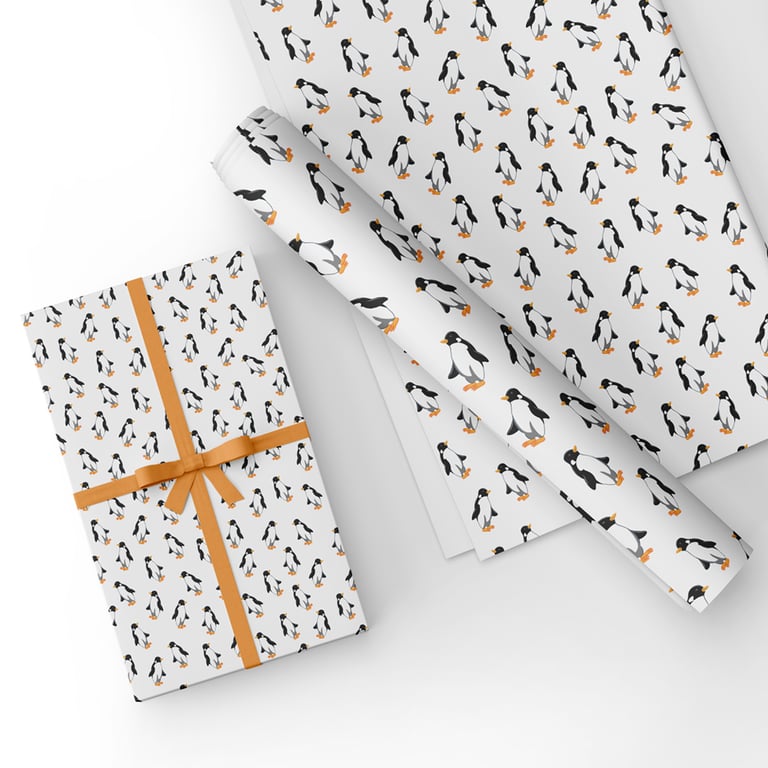 Gift Wrap Penguins-White, Penguins & Matching Gift Tag-Wrapping Paper-LG11