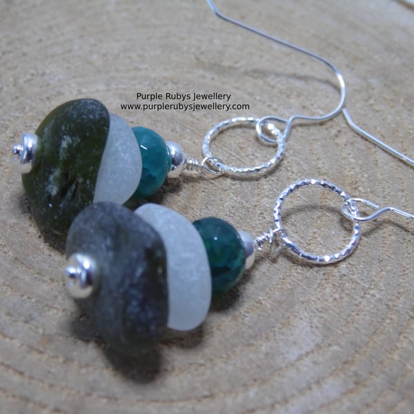 Cornish Sea Glass Stack in White & Olive Earrings, Sterling Silver E625