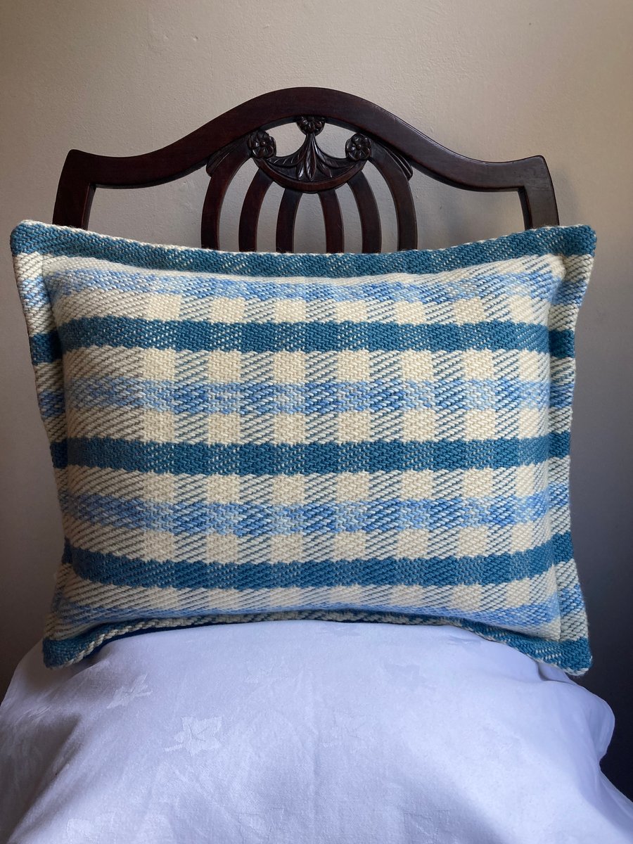 Glenys May Cushion: Gingham Blue. Handwoven in Wales