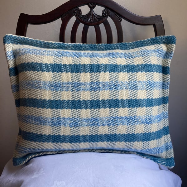 Glenys May Cushion: Gingham Blue. Handwoven in Wales