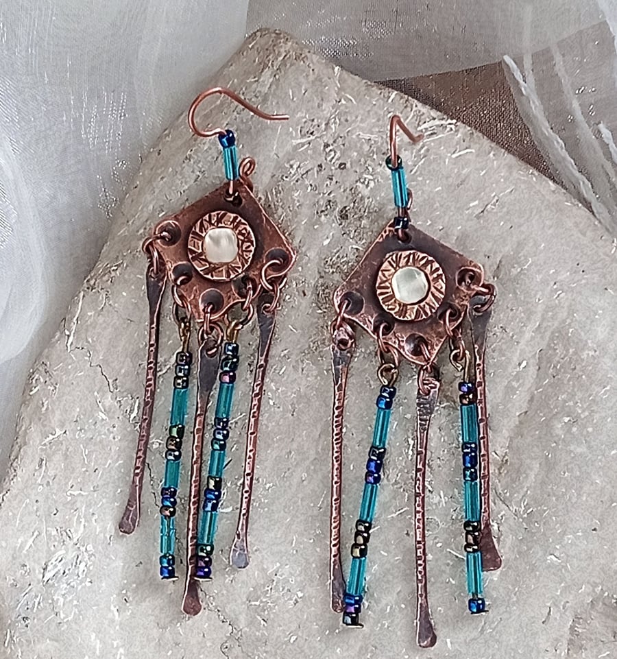 "Copper Rain" Rustic Textured Copper Earrings with Mother of Pearl