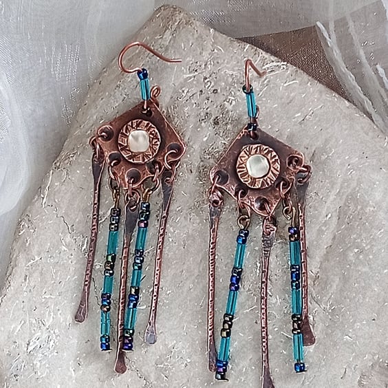 "Copper Rain" Rustic Textured Copper Earrings with Mother of Pearl