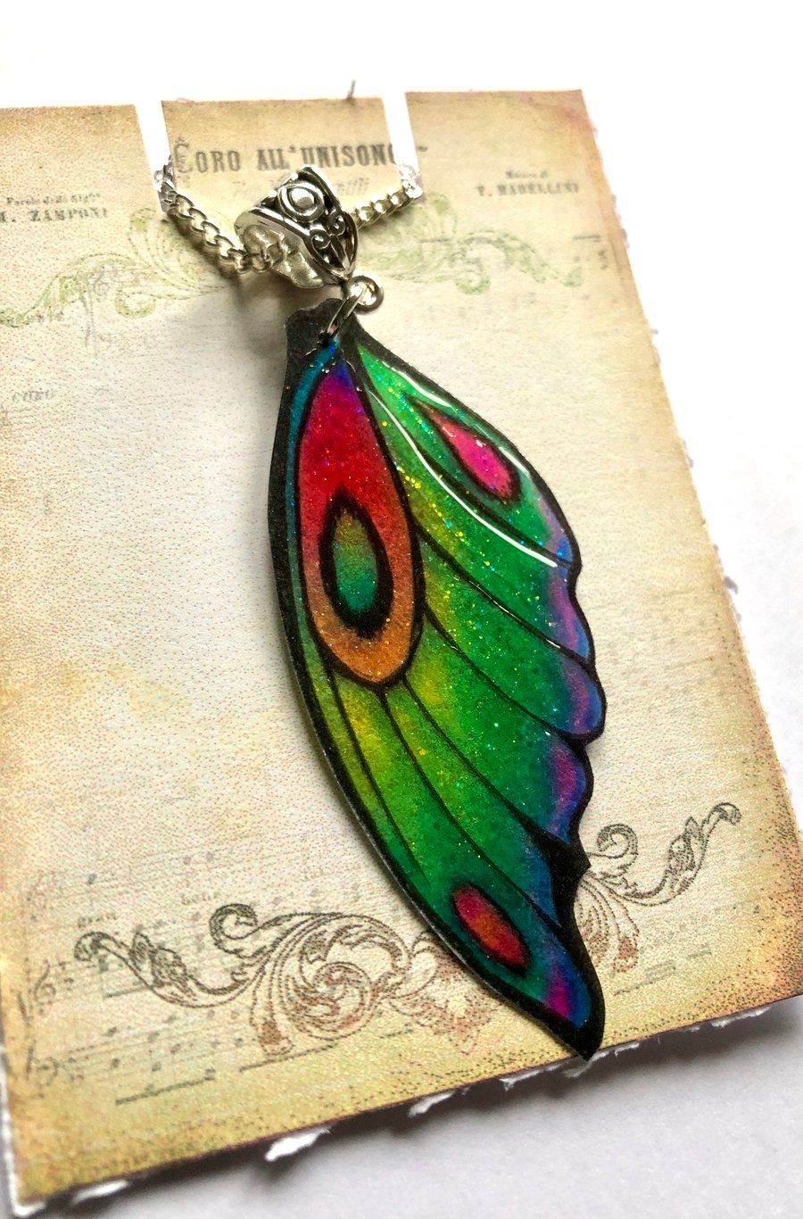 Green Yellow Orange and Purple Fairy Wing Necklace